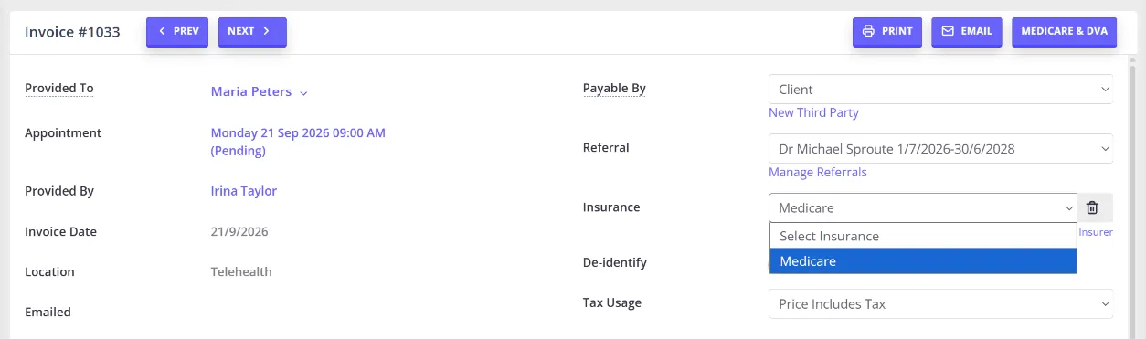 The invoice edit page with the Insurance dropdown open and Medicare selected as the chosen option