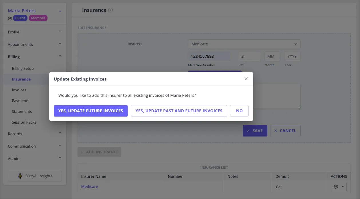 The "Update Existing Invoices" confirmation dialog after saving a Default insurer, with the "Yes, update past and future invoices" option visible