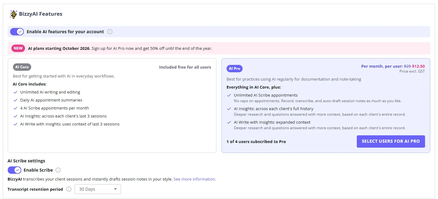 The AI Core and AI Pro plan cards on the Optional Add-Ons page, with the Select Users for AI Pro button highlighted