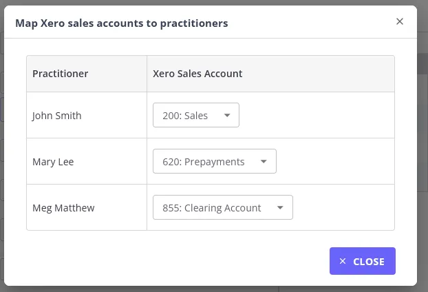 The Map Xero sales accounts to practitioners dialog, showing a table with Practitioner and Xero Sales Account columns and a Close button