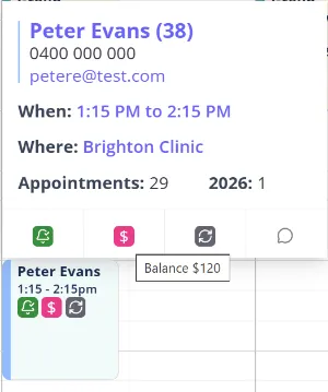 Redesigned appointment details popup and appointment card showing the currency icon and the balance-due tooltip