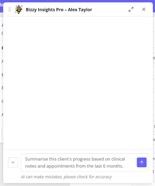 The BizzyAI Insights prompt field with a first question typed in, ready to send
