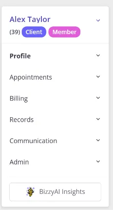 The BizzyAI Insights button at the bottom of a client profile's left-hand menu