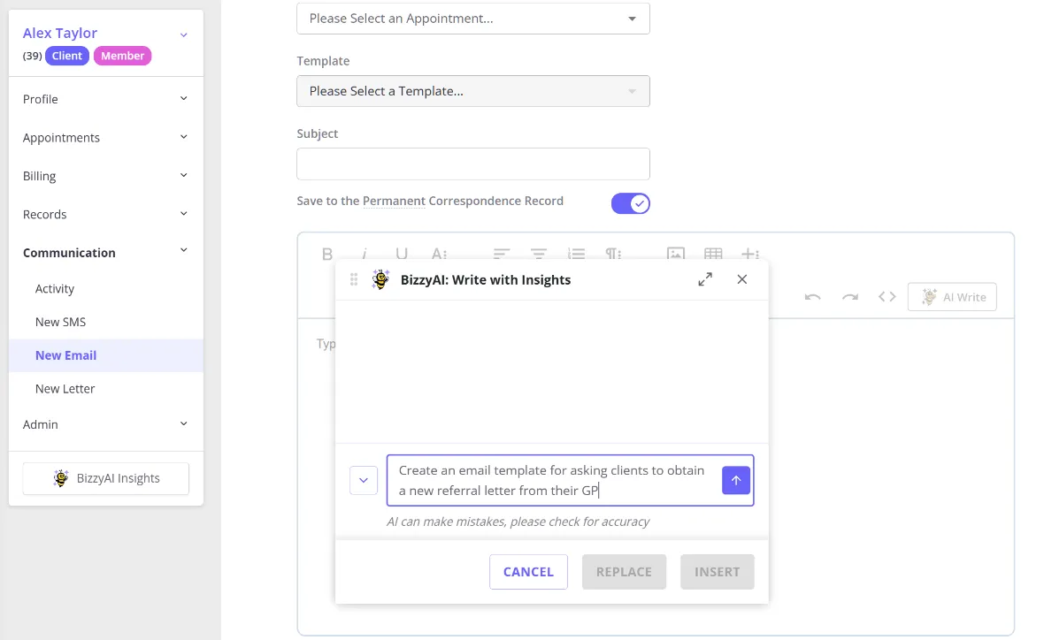 Starting a new email in a client profile with the BizzyAI: Write with Insights modal open, showing a drafting instruction in the prompt box