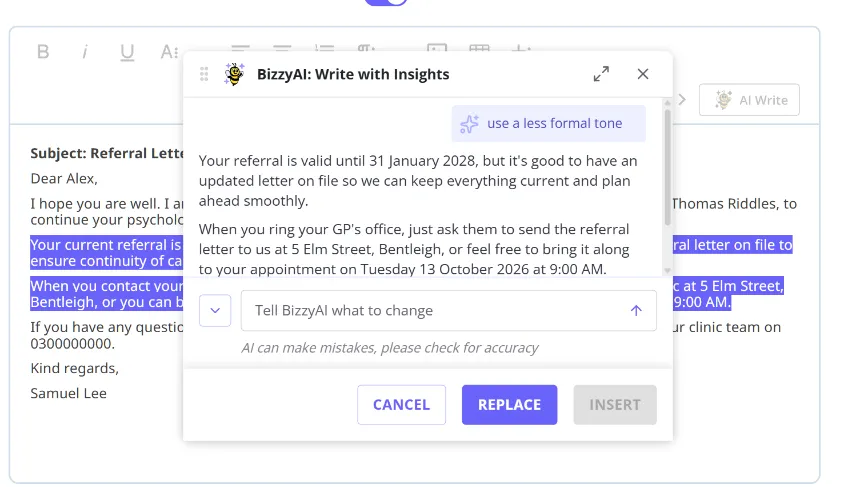 Refining an existing email's content with BizzyAI: Write with Insights, with highlighted text and a "use a less formal tone" suggestion shown