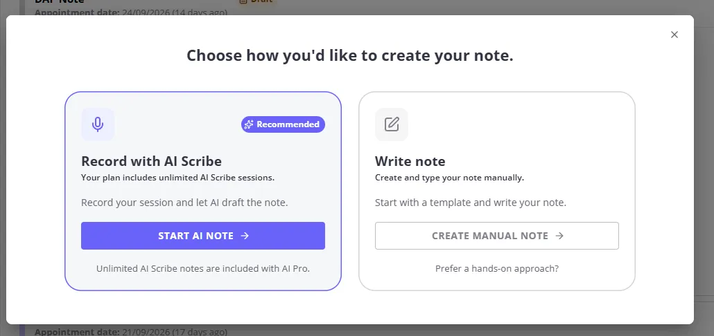 The Choose how you'd like to create your note window, with Record with AI Scribe and Write note options