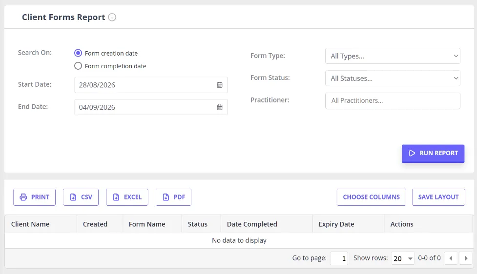 The Client Forms Report page, showing the Expiry Date column and the Choose Columns option
