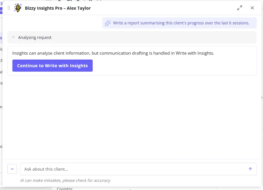 Insights explaining that communication drafting is handled in Write with Insights, with a Continue to Write with Insights button