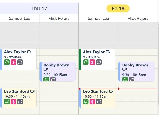 Redesigned calendar grid with the red current-time line and triangle running across two days' appointment cards