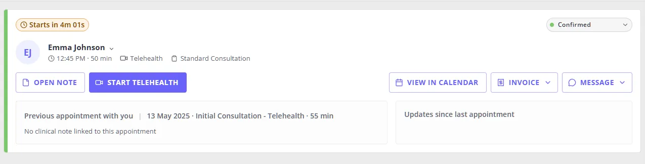 A client appointment's details open on the right with quick actions and previous appointment information