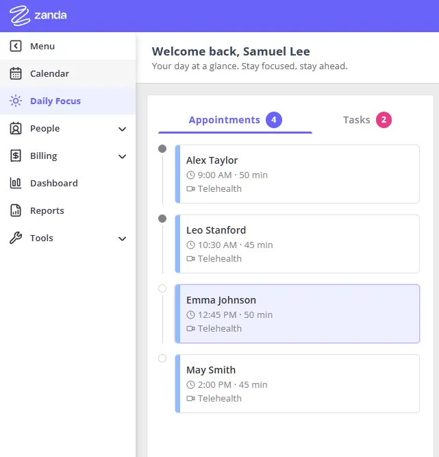 The Appointments tab on Daily Focus showing a time-ordered list of appointments