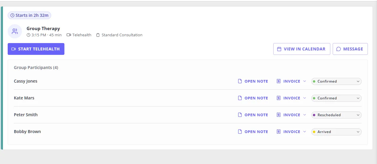 A group appointment open with its list of participants and their individual actions