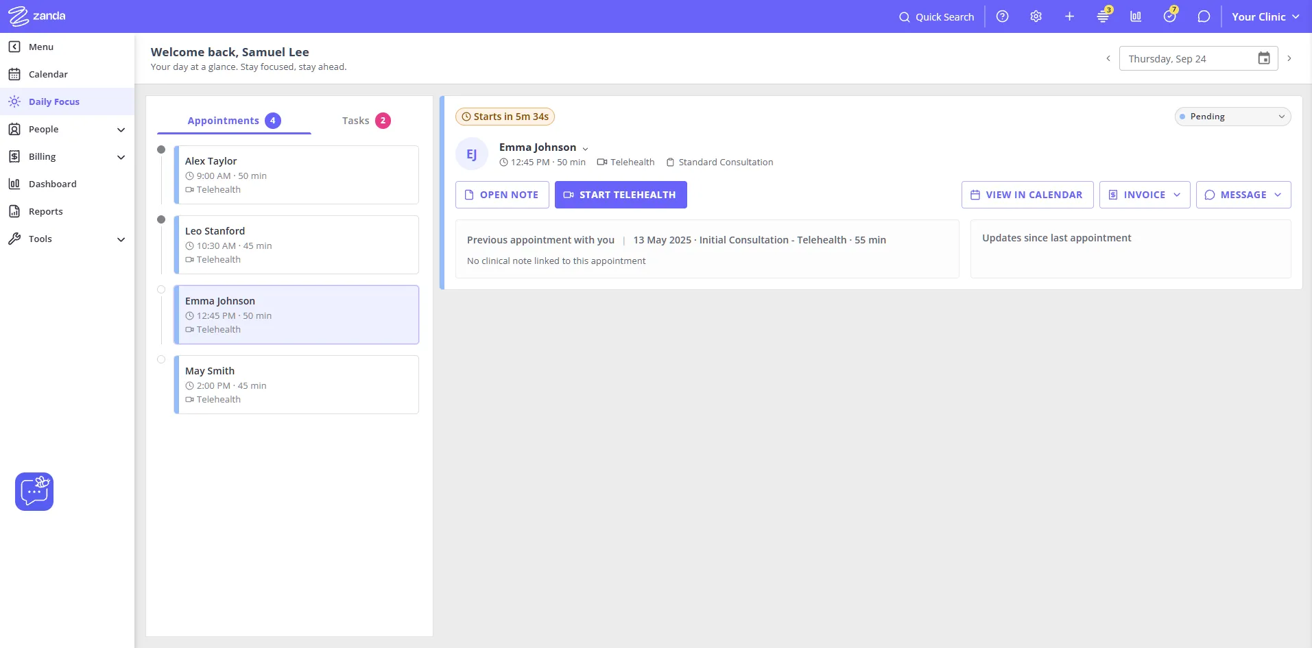Daily Focus with the Appointments and Tasks tabs, the appointment list, and an appointment's details open on the right