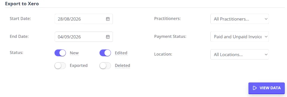 The Export to Xero filters, showing Start Date, End Date, Status toggles, Practitioners, Payment Status, and Location