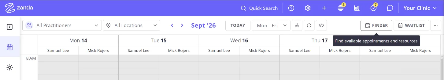 Redesigned calendar toolbar with the Finder button highlighted