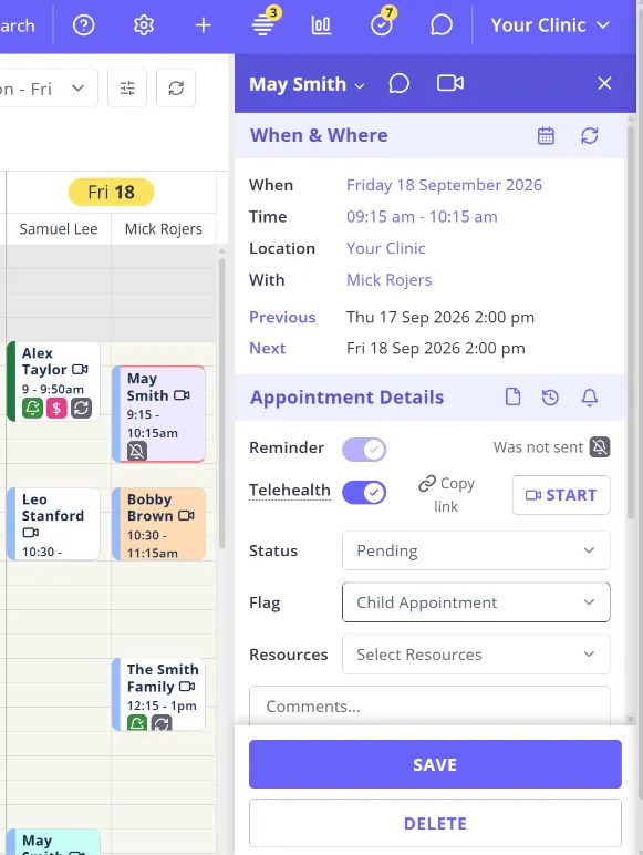 Redesigned appointment popup panel used to select a flag colour, next to the appointment card that gets the flag colour applied