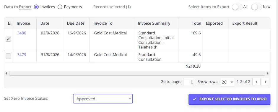 A list of invoices selected for export, with Set Xero Invoice Status and the Export Selected Invoices To Xero button