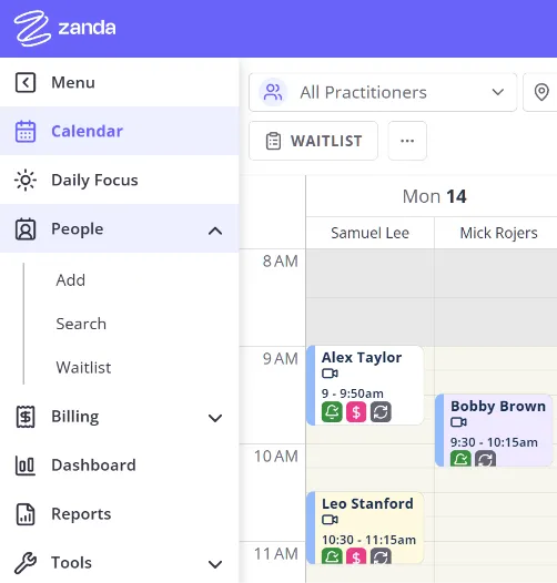 Sidebar menu open at People > Waitlist, with the redesigned calendar visible behind it