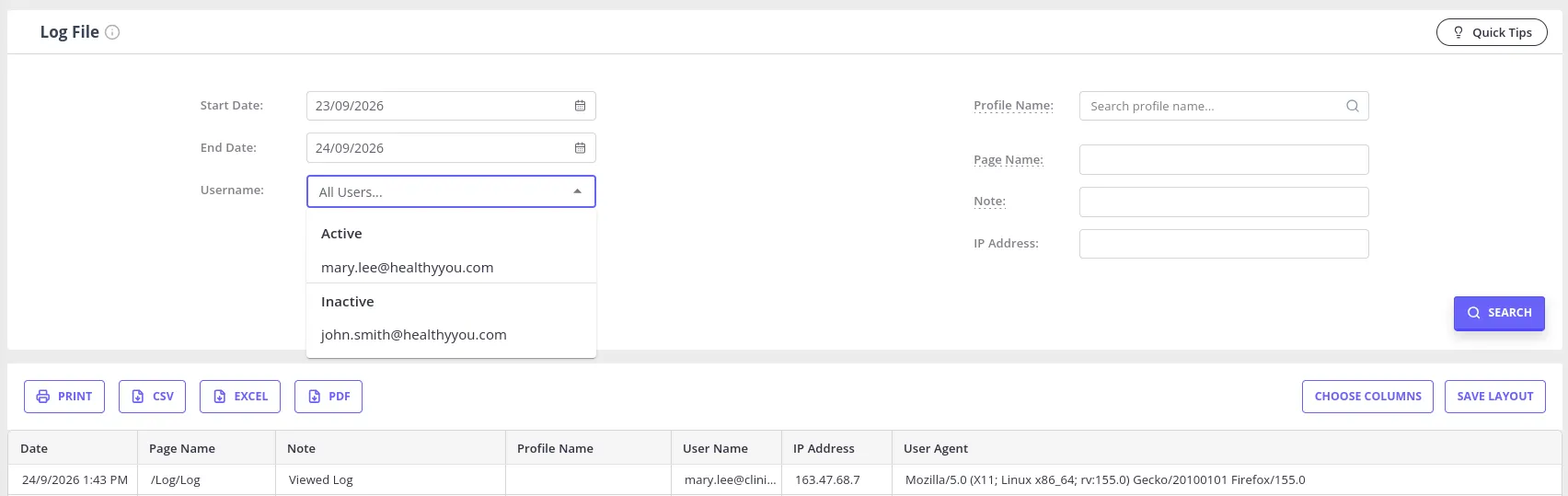 The Log File filter panel, showing the Username dropdown grouped into Active and Inactive users, the Profile Name, Page Name, Note, and IP Address fields, and the Search button.