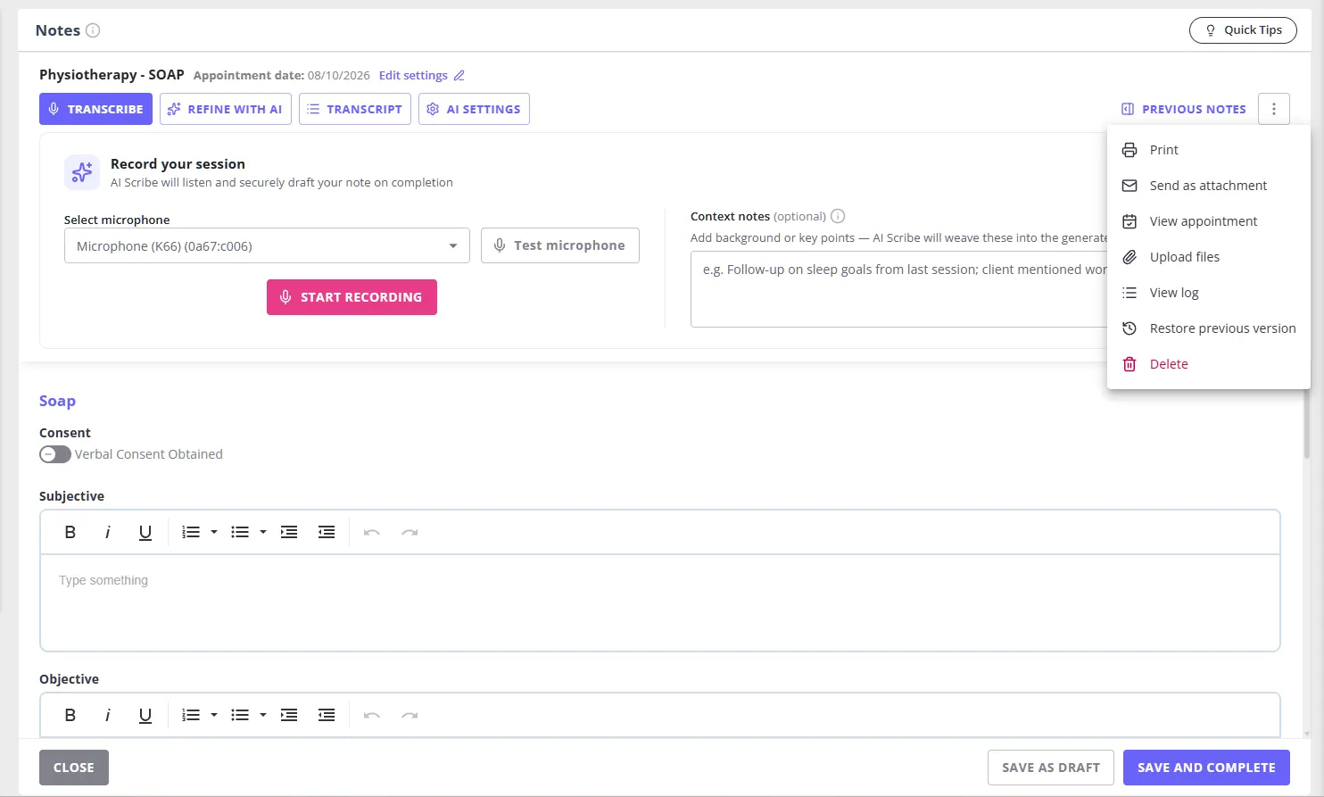 A note's fixed header with the ⋮ menu open, showing Print, Send as attachment, View appointment, Upload files, View log, Restore previous version, and Delete