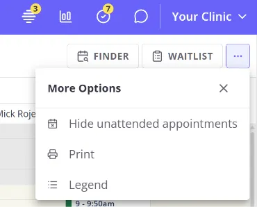 The More Options menu open at its new position on the redesigned toolbar, showing Hide Unattended Appointments, Print, and Legend
