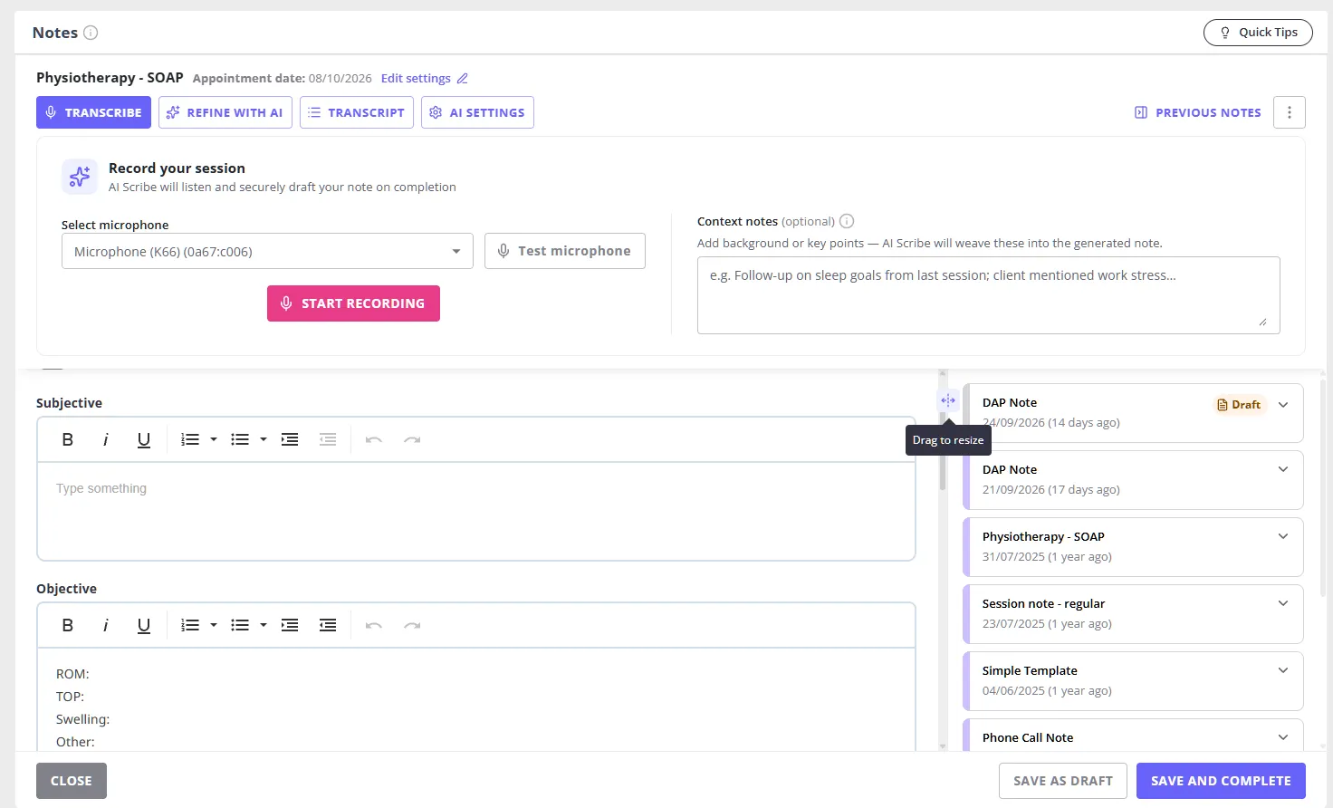 The note editor with the Previous Notes panel open alongside the note being edited