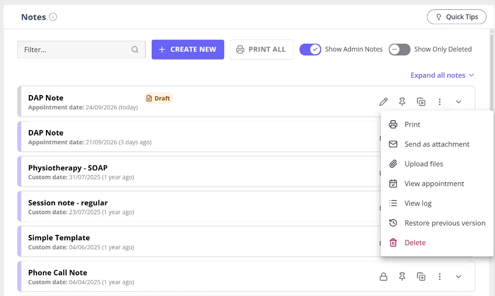 A notes list with the ⋮ menu open, showing Print, Send as attachment, Upload files, View appointment, View log, Restore previous version, and Delete