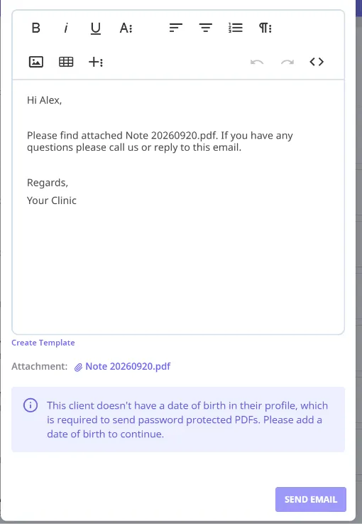 The email compose window blocked from sending, with a message that the client has no date of birth on file and one is required to send password-protected PDFs.