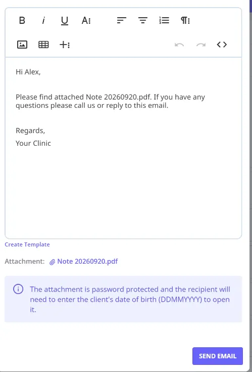 The email compose window with a password-protected attachment and an info message telling the sender the recipient will need the client's date of birth to open it.