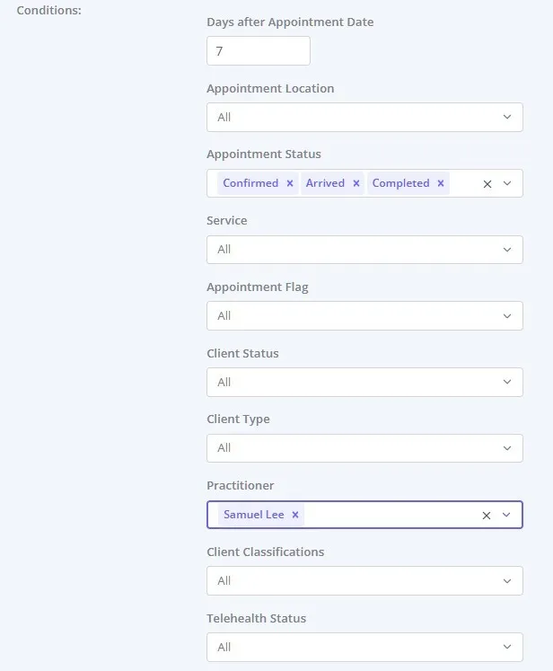 The Automation Conditions panel for a Post-Appointment Automation, showing all available conditions including Client Type and Practitioner