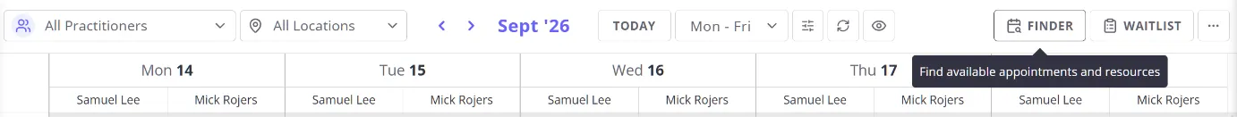 Redesigned calendar toolbar showing the Day/M-F/Week/Month view buttons alongside the Finder button