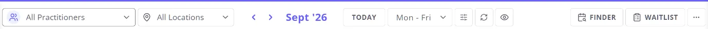 Redesigned calendar toolbar showing the Practitioners and Locations filters, date navigation, Today/view/Calendar Filters/Refresh/Private Mode grouped together, and Finder/Waitlist/More Options grouped at the end
