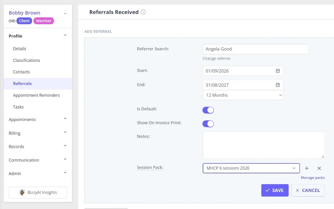 The Referral form with the Session Packs section showing a linked session pack