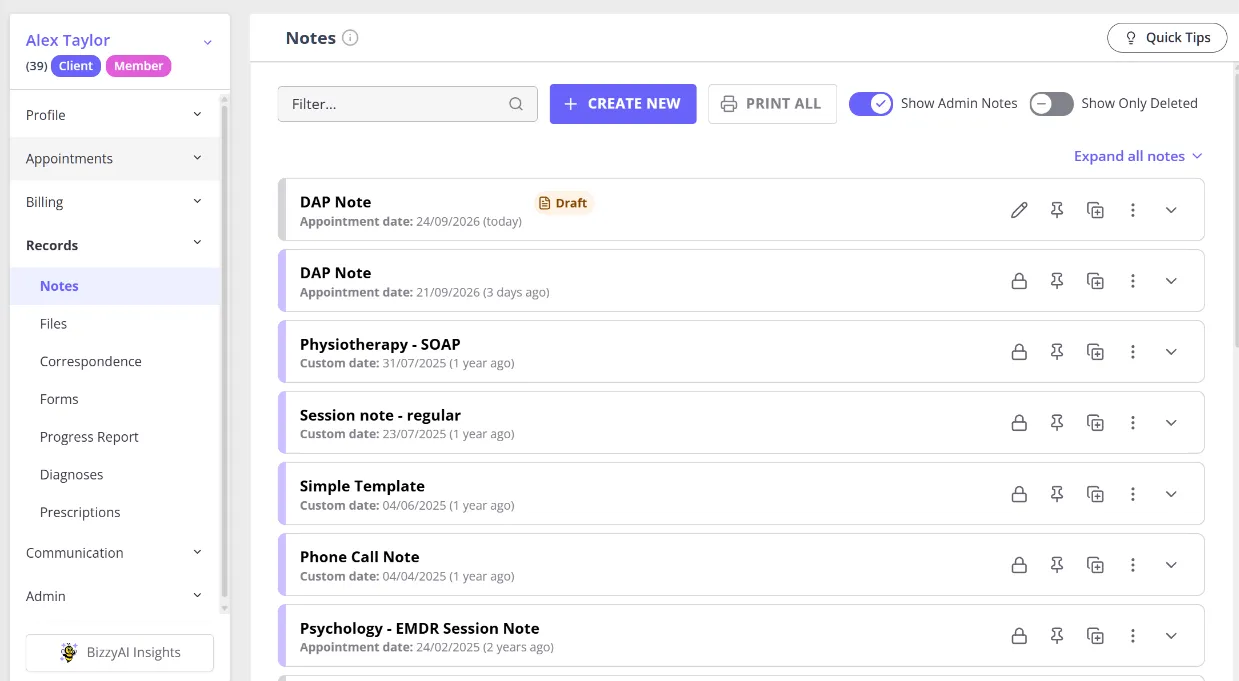 The refreshed Notes page, showing a spacious list of notes with status labels and quick actions