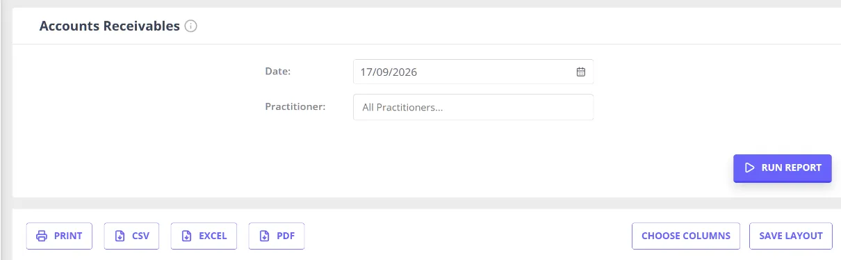 The Accounts Receivables report screen in the Reports Dashboard, showing its date and practitioner filters above the Run Report button