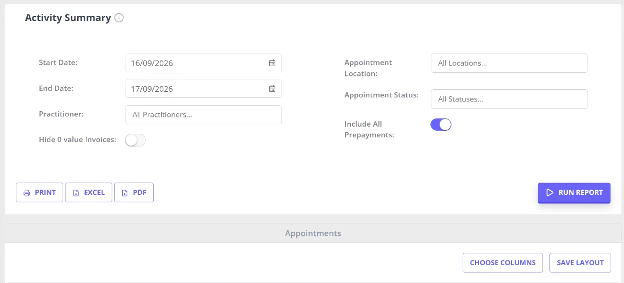 The Activity Summary report screen in the Reports Dashboard, showing its date range, practitioner, location, and appointment status filters above the Run Report button