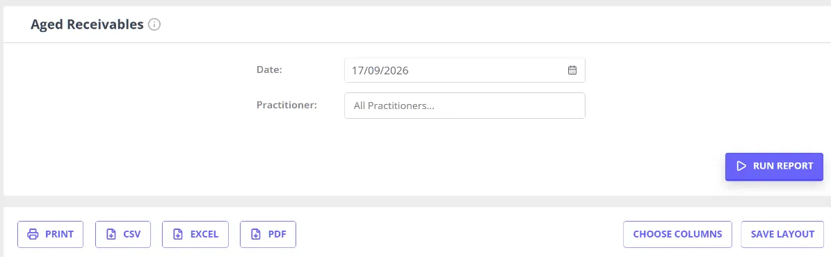 The Aged Receivables report screen in the Reports Dashboard, showing its date and practitioner filters above the Run Report button
