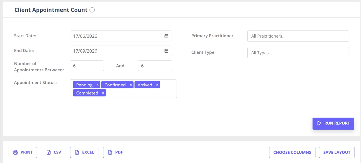 The Appointment Count report screen in the Reports Dashboard, showing its date range, appointment count, and appointment status filters above the Run Report button