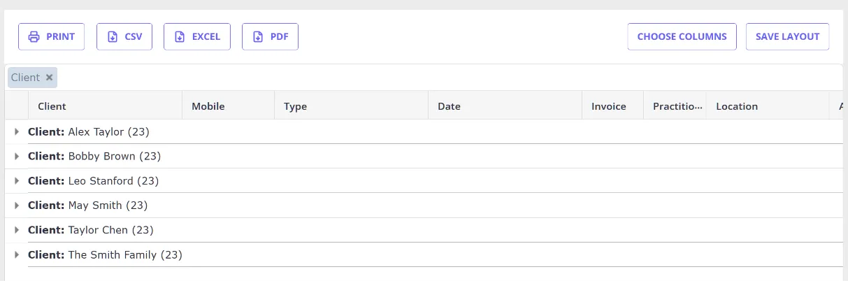 The Appointments report results grouped by the Client column, with each client's row showing their total appointment count