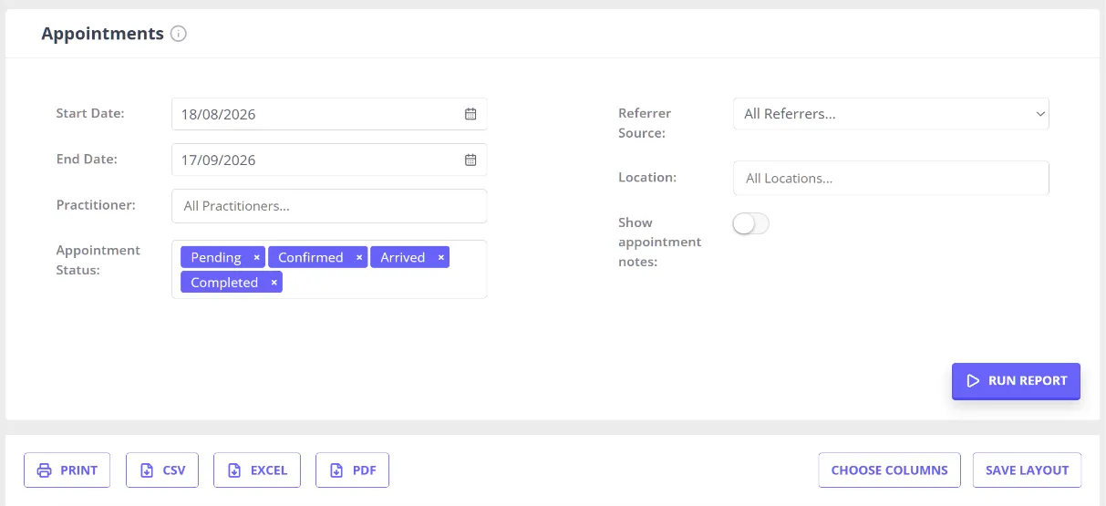 The Appointments report screen in the Reports Dashboard, showing its date range, practitioner, appointment status, referrer source, and location filters above the Run Report button