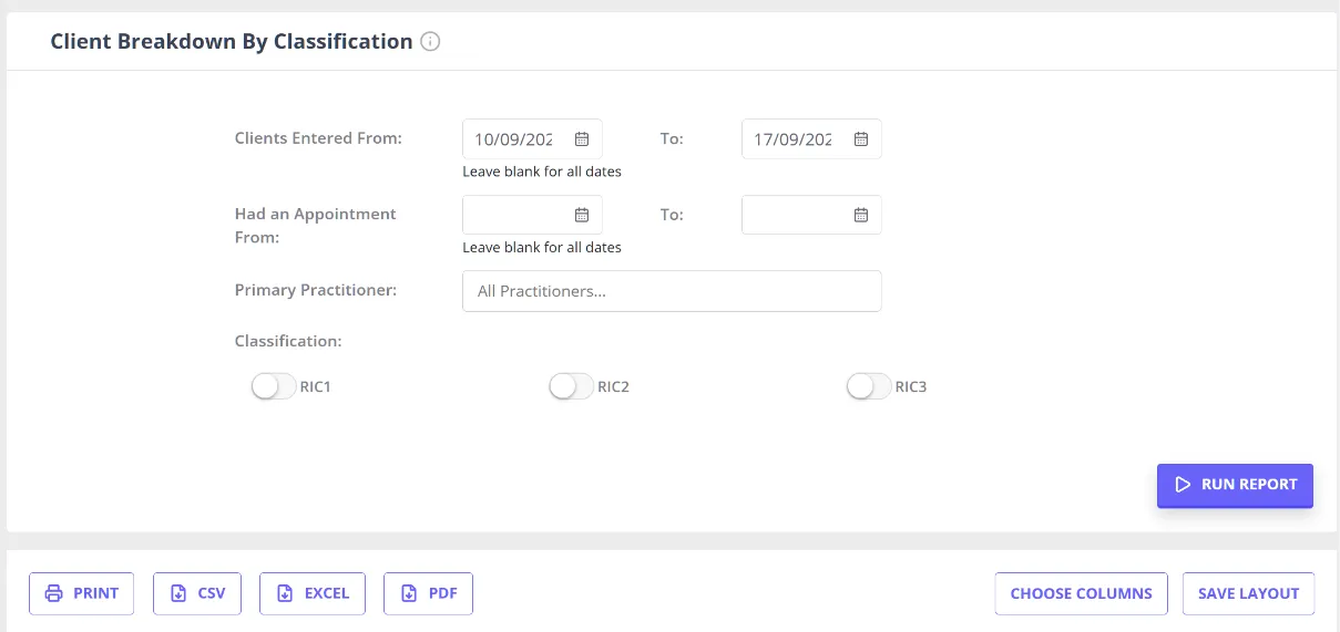 The Classification report screen in the Reports Dashboard, showing its date range, primary practitioner, and classification filters above the Run Report button