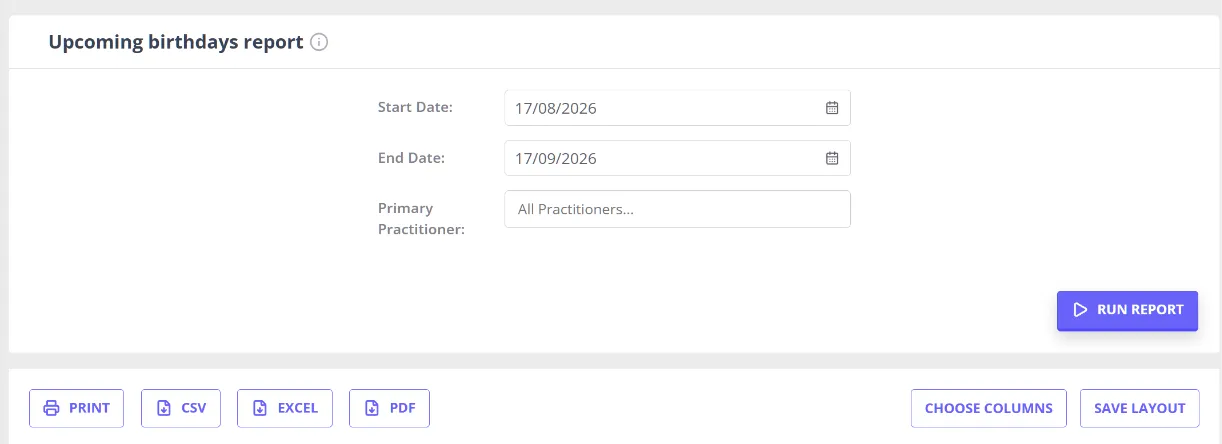 The Client Birthdays report screen in the Reports Dashboard, showing its date range and primary practitioner filters above the Run Report button