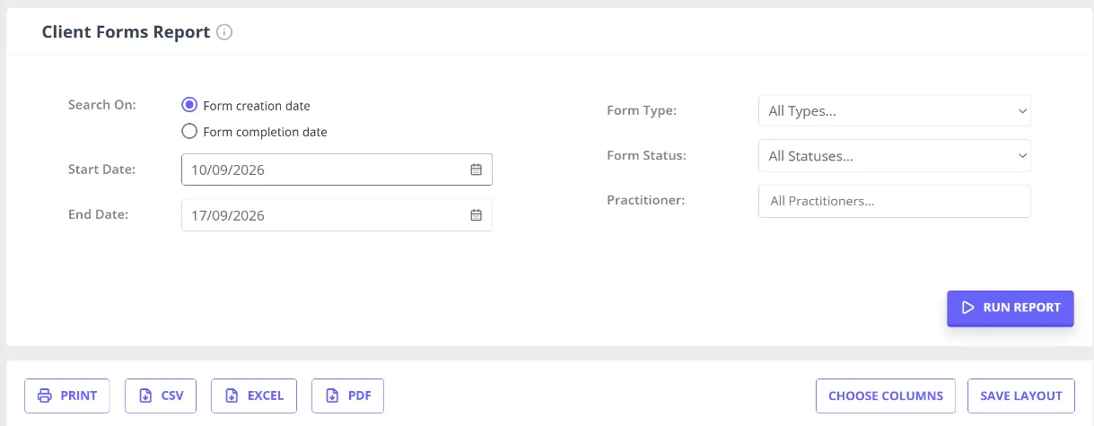 The Client Forms report screen in the Reports Dashboard, showing its search-on, date range, form type, form status, and practitioner filters above the Run Report button