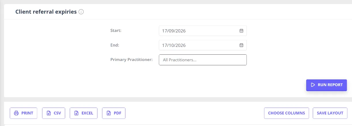 The Client Referral Expiry report screen in the Reports Dashboard, showing its date range and primary practitioner filters above the Run Report button