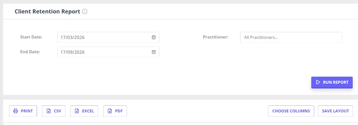 The Client Retention report screen in the Reports Dashboard, showing its date range and practitioner filters above the Run Report button