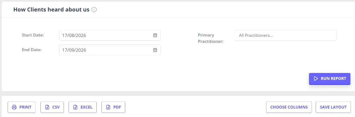 The Client Sources report screen in the Reports Dashboard, showing its date range and primary practitioner filters above the Run Report button