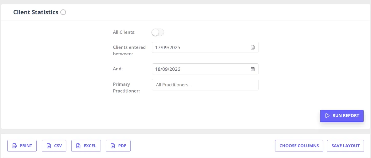 The Client Statistics report screen in the Reports Dashboard, showing its All Clients toggle, date range, and primary practitioner filters above the Run Report button