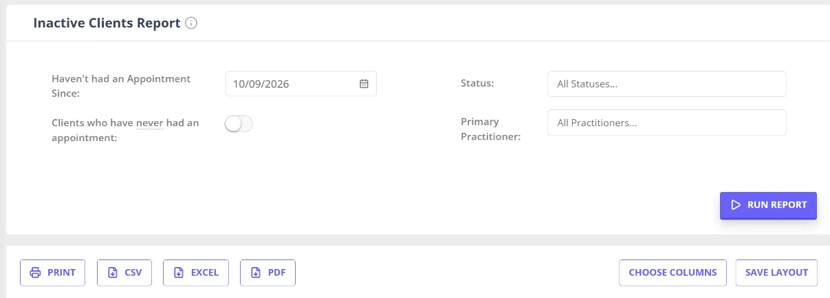 The Inactive Clients report screen in the Reports Dashboard, showing its cutoff date, status, and practitioner filters above the Run Report button