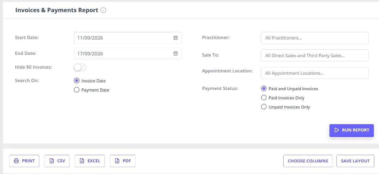 The Invoices & Payments report screen in the Reports Dashboard, showing its date range, practitioner, and payment status filters above the Run Report button