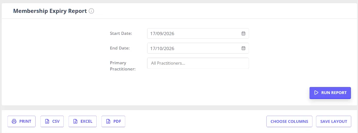 The Membership Expiry report screen in the Reports Dashboard, showing its date range and primary practitioner filters above the Run Report button